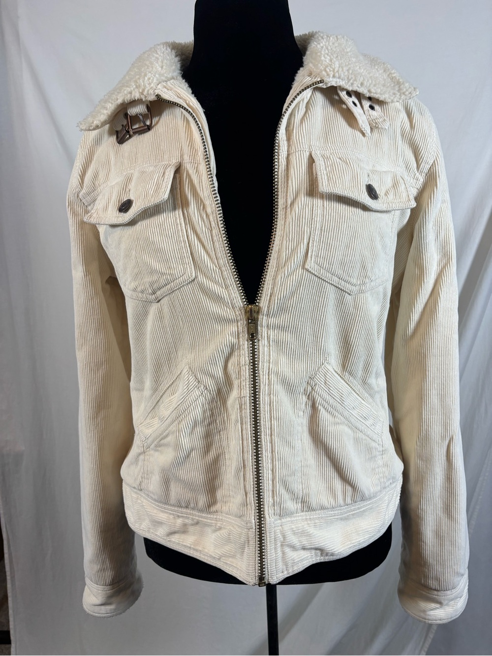 Womens Vintage Cream Cotton Corduroy Sherpa Lined Trucker Jacket Y2K Utility XL